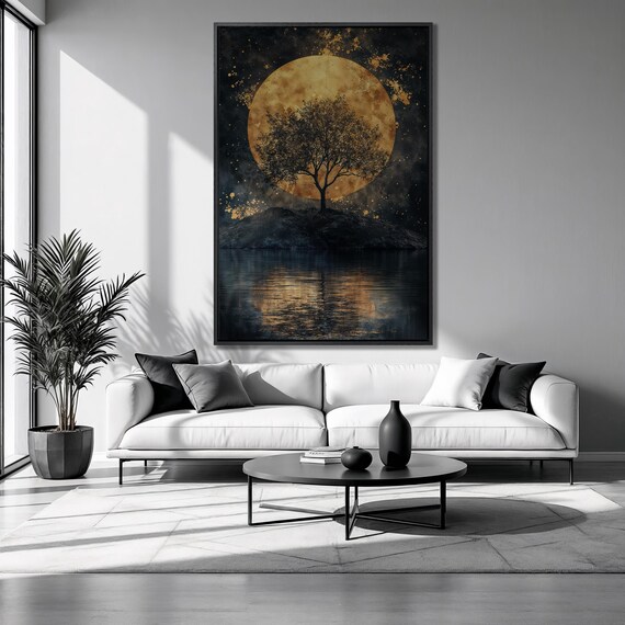 Lone Tree Silhouette Giant Golden Full Moon Water Reflection Poster