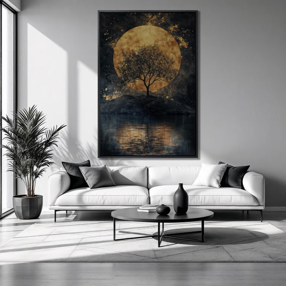 Surreal Tree Landscape Framed Print Golden Full Moon Reflection Luxury Art Night Painting Print Gothic Decor Ready To Hang