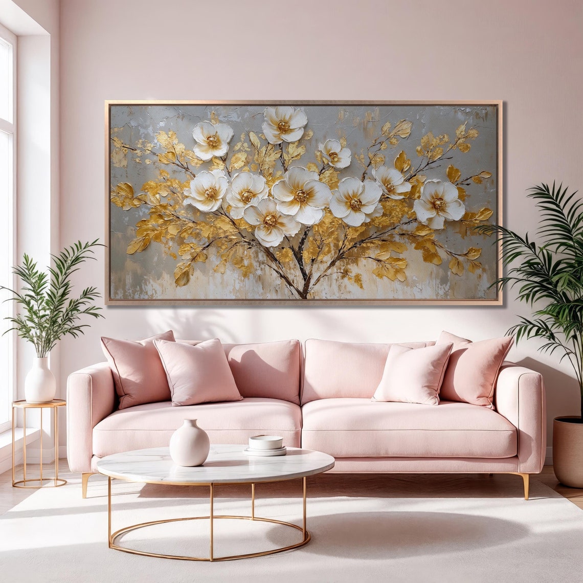 White Cherry Blossoms Golden Leaves Branch Abstract Floral Wall Poster