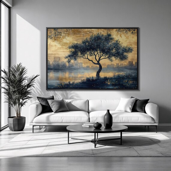 Black Tree Silhouette Framed Print Golden Sunset Luxury Art City Skyline Painting Print Abstract Nature Decor Ready To Hang