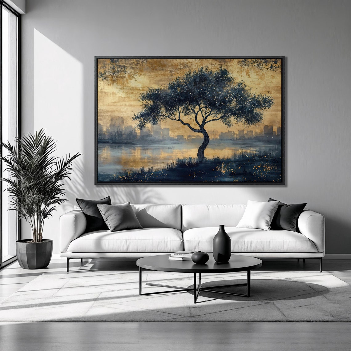 Lone Tree Silhouette Golden Sunset Lake Skyline Reflection Poster