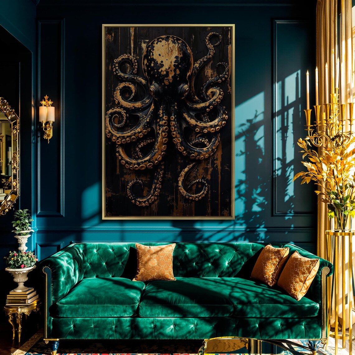 Black Gold Octopus Tentacles Underwater Gothic Wildlife Vertical Poster