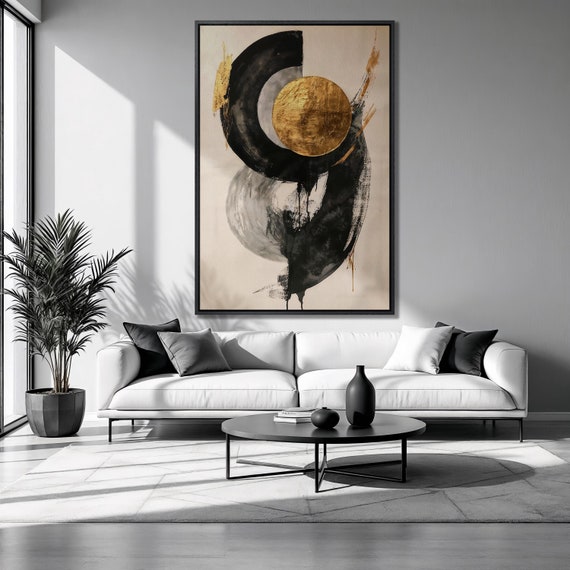 Gold Circle Framed Print Abstract Black Semicircle Luxury Art Geometric Figures Painting Print Expressive Decor Ready To Hang