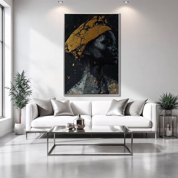 Modern African Woman Framed Print Beautiful Facial Features Luxury Art Black Gold Painting Print Feminine Decor Ready To Hang