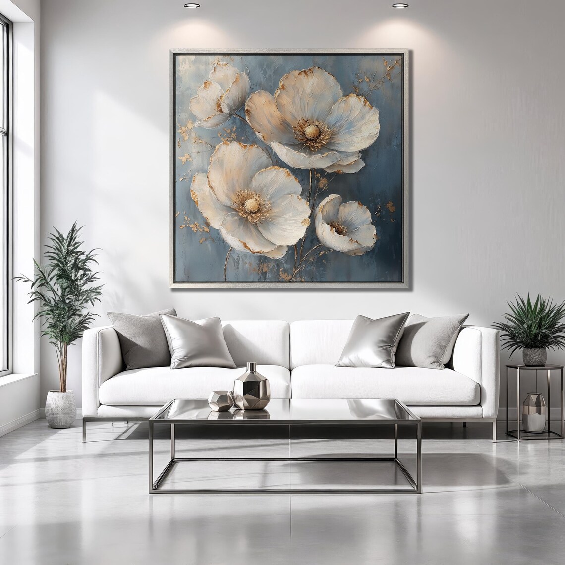 Cream Poppy Wildflowers On Dark Blue Background Gold Accent Poster