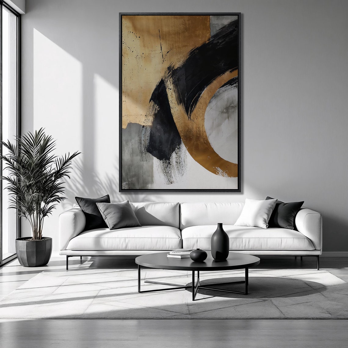 Black Gold Grey Abstract Bold Brushstroke Modern Art Wall Art