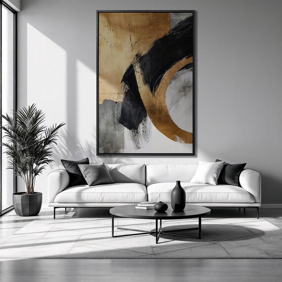Expressive Framed Print Black Gold Grey Luxury Art Contemporary Painting Print Abstract Shapes Decor Gift Ready To Hang