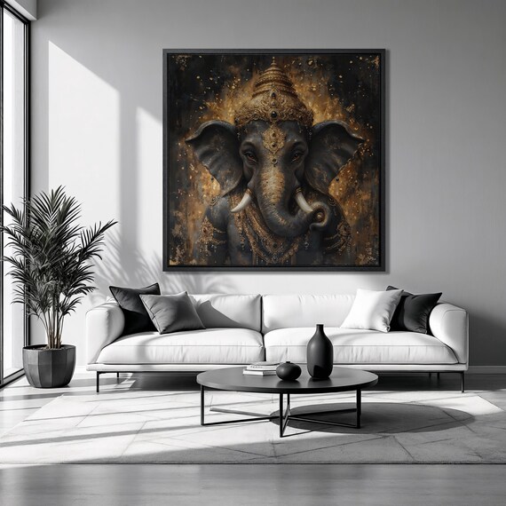 Lord Ganesha Indian Elephant Gold Black Deity Luxury Art Poster