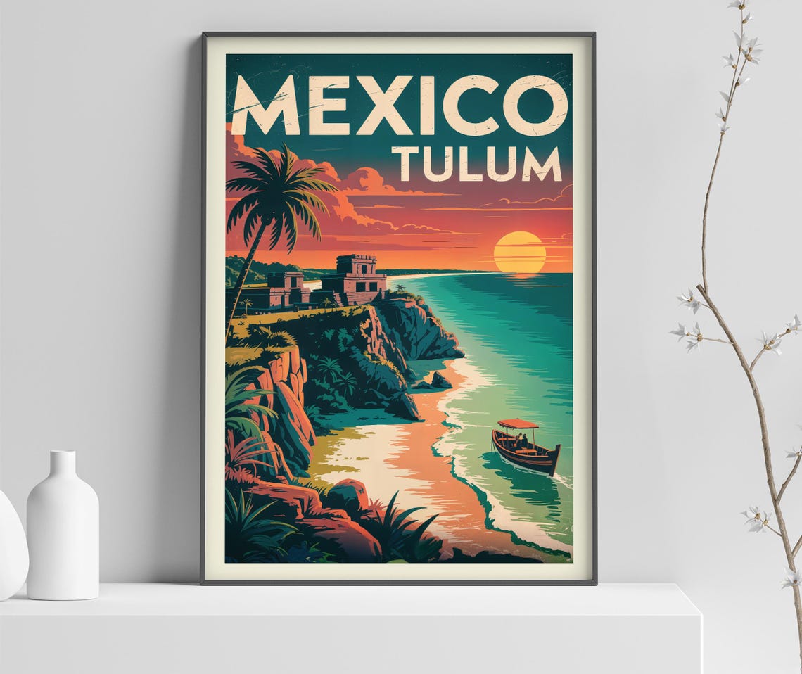 Mexico Tulum Mayan Ruins Cliffside Ocean Sunset Retro Travel Poster
