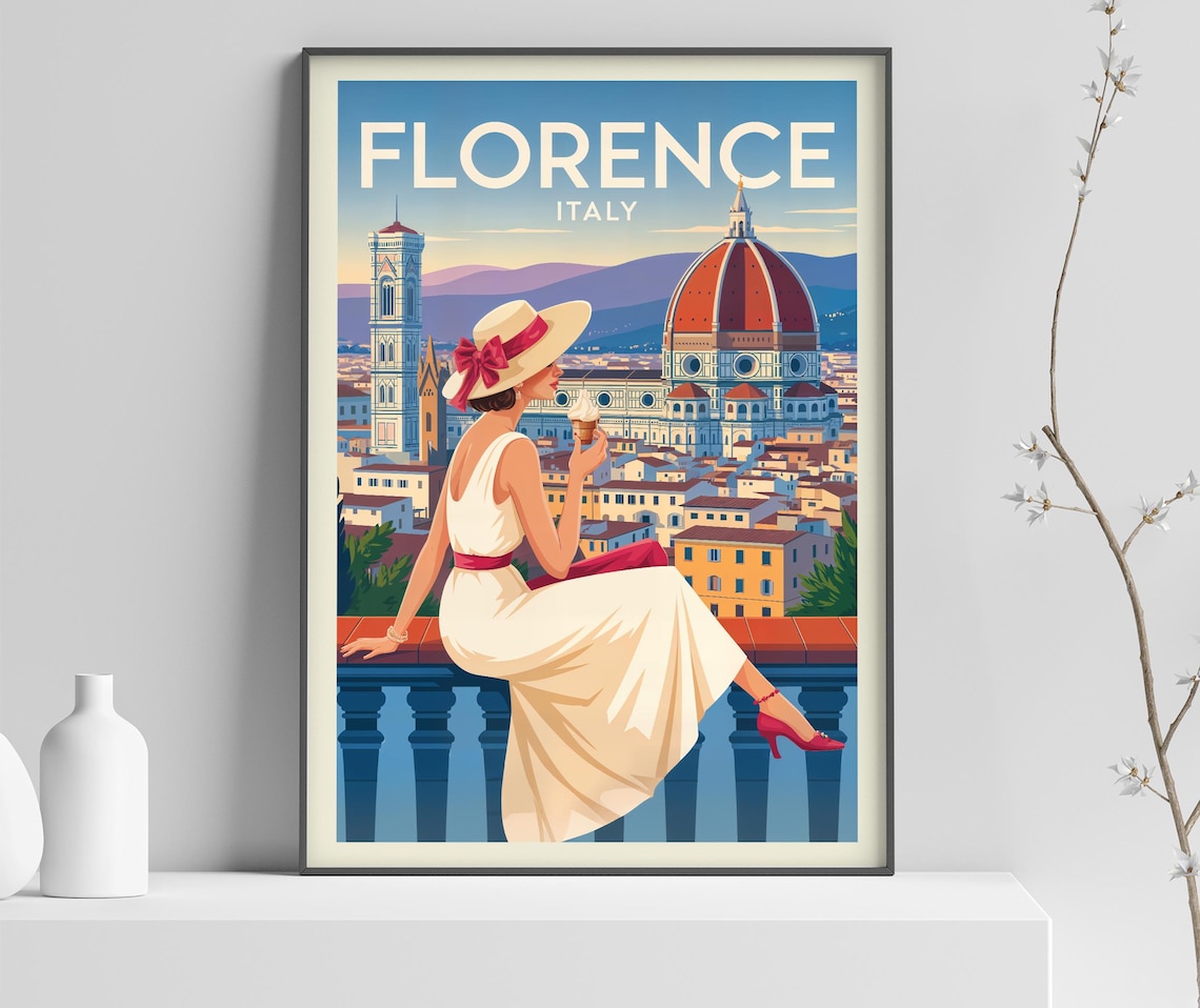 Florence Italy City View Woman With Gelato Vintage Retro Travel Poster