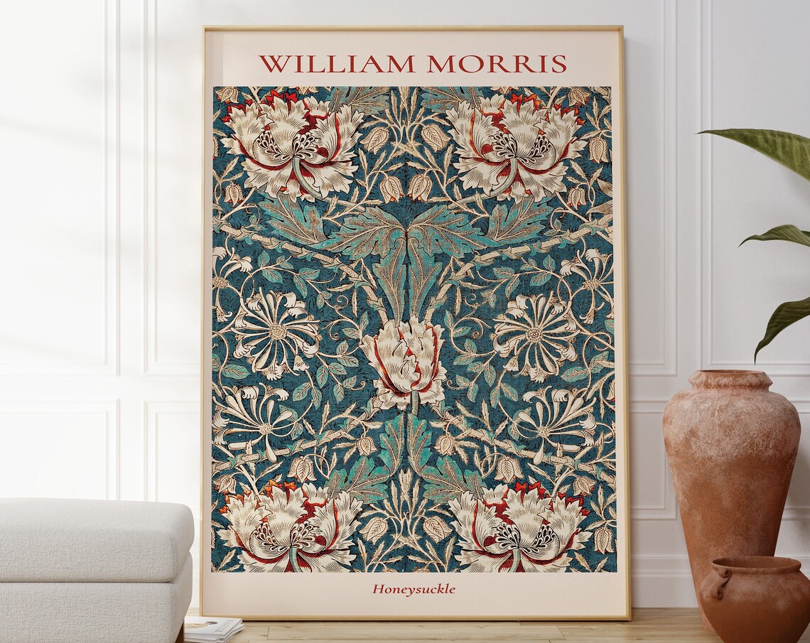 William Morris Honeysuckle Teal Floral Art Nouveau Pattern Poster