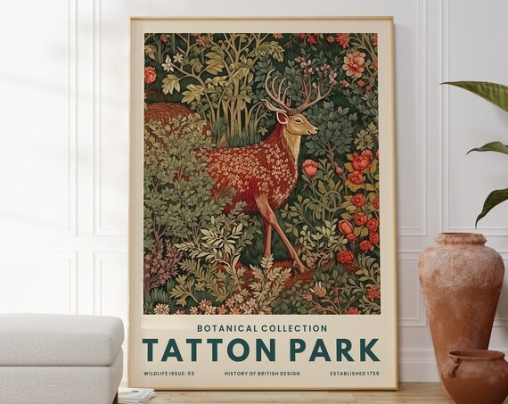 Tatton Park Botanical Stag Deer Tapestry Style William Morris Art Poster
