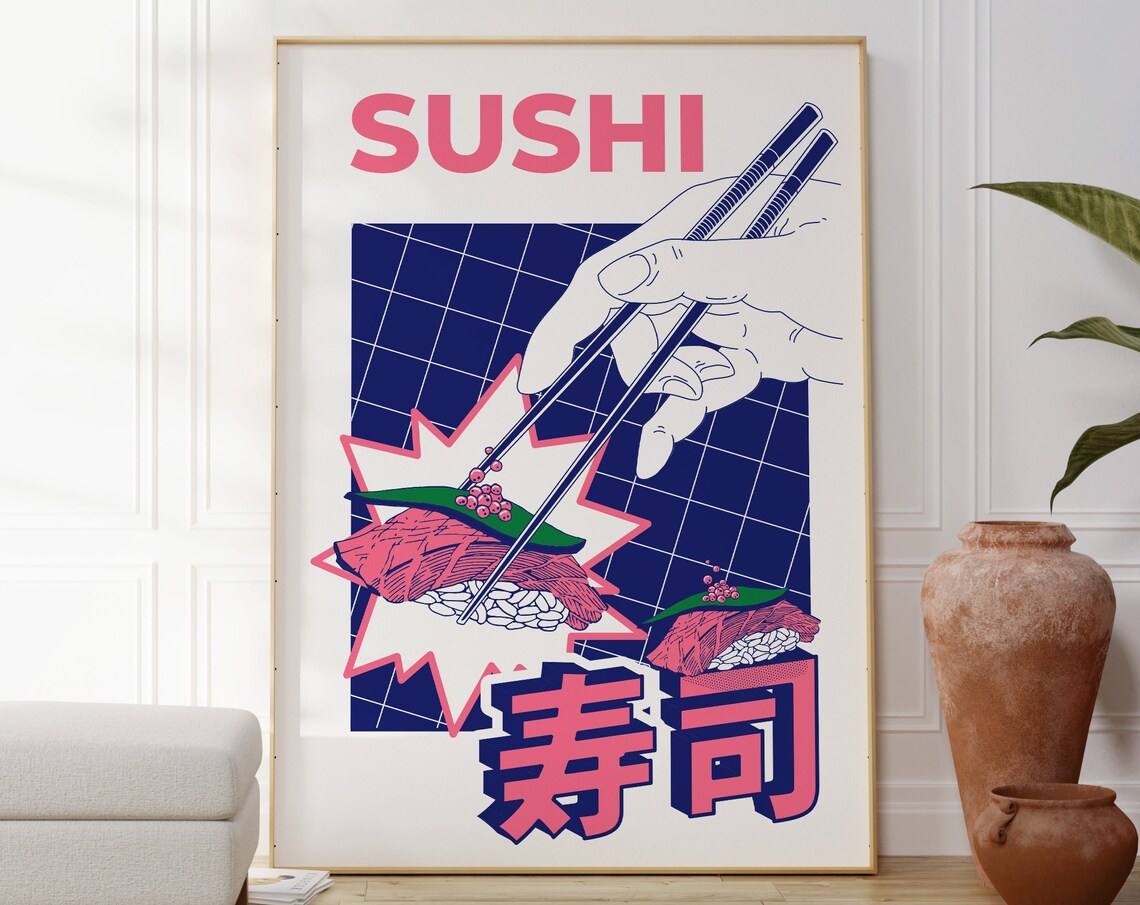 Tuna Nigiri Sushi With Chopsticks Retro Japanese Pop Art Food Poster