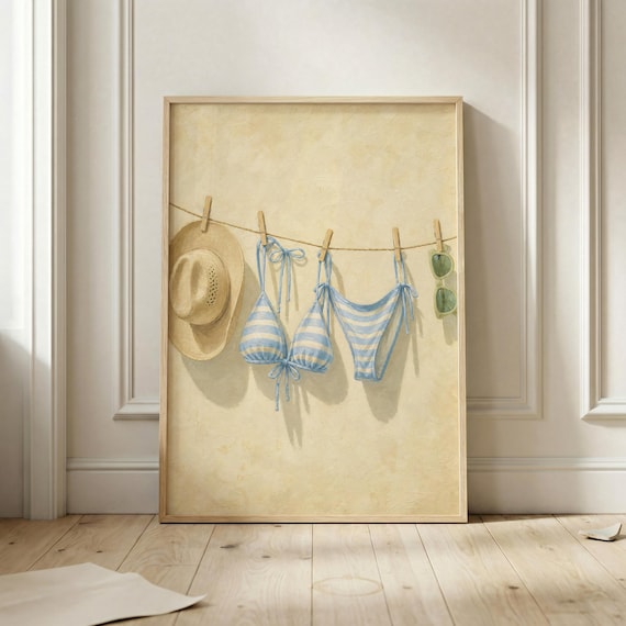 Striped Bikini Clothesline Poster Summer Beach Cowboy Hat Vacation