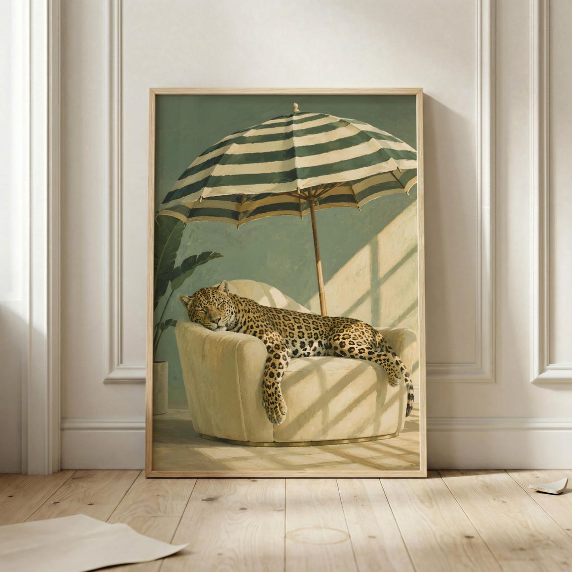 Leopard Under Striped Umbrella Sun Lounger Beach Chair Poster
