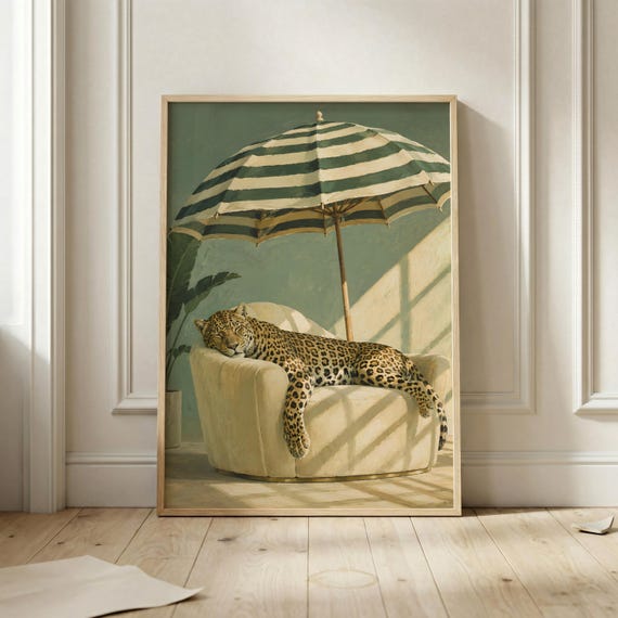 Leopard Under Striped Umbrella Poster Tropical Animal Wall Art Sage Green Maximalist Print Luxury Wildlife Artwork