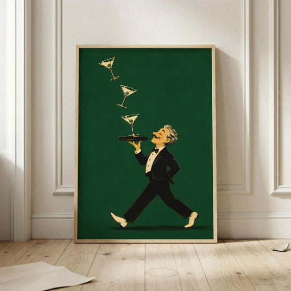 Vintage Martini Waiter Wall Art Print Cocktail Poster Mid Century Bar Decor Retro Drink Illustration Kitchen