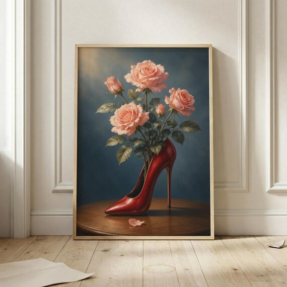 Red High Heel With Pink Roses Surreal Fashion Flower Oil Painting Poster