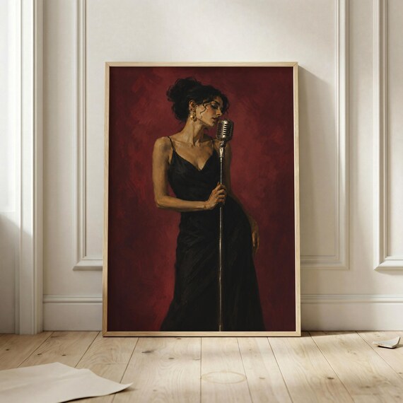 Vintage Jazz Vocalist Wall Art Red Background Music Poster Elegant Singer Artwork Retro Decor Lounge Print Moody Portrait