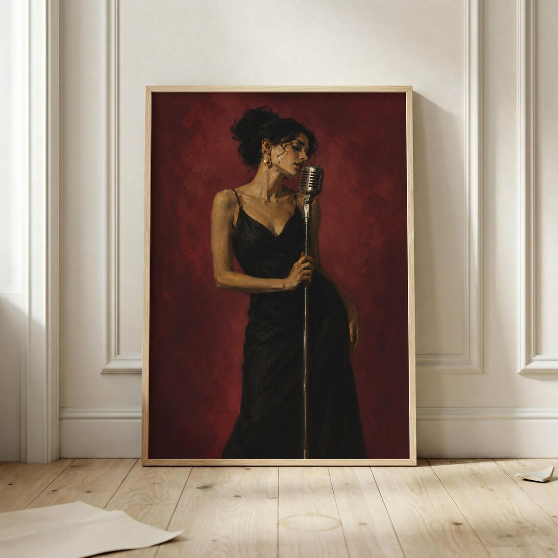 Elegant Jazz Singer Vintage Microphone Moody Oil Painting Red Art Poster