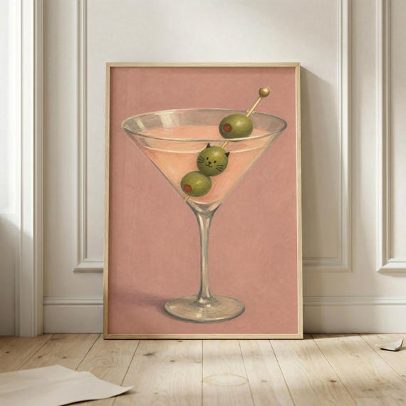 Cat Martini Poster Funny Cocktail Wall Art Print Pink Artwork Cute Decor Bar Cart Kitchen