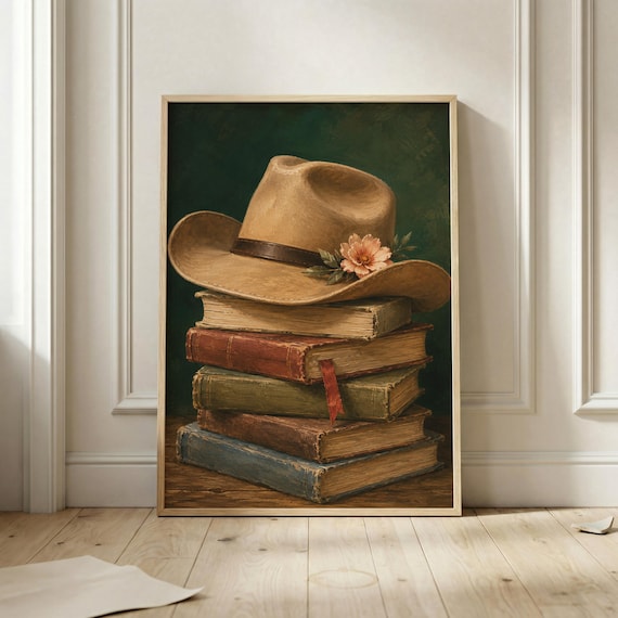 Cowboy Hat Vintage Books Western Book Lover Rustic Art Poster