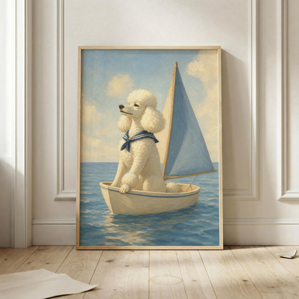 Sailing Poodle Nautical Dog Print Sailboat Vintage Blue Ocean Decor Art