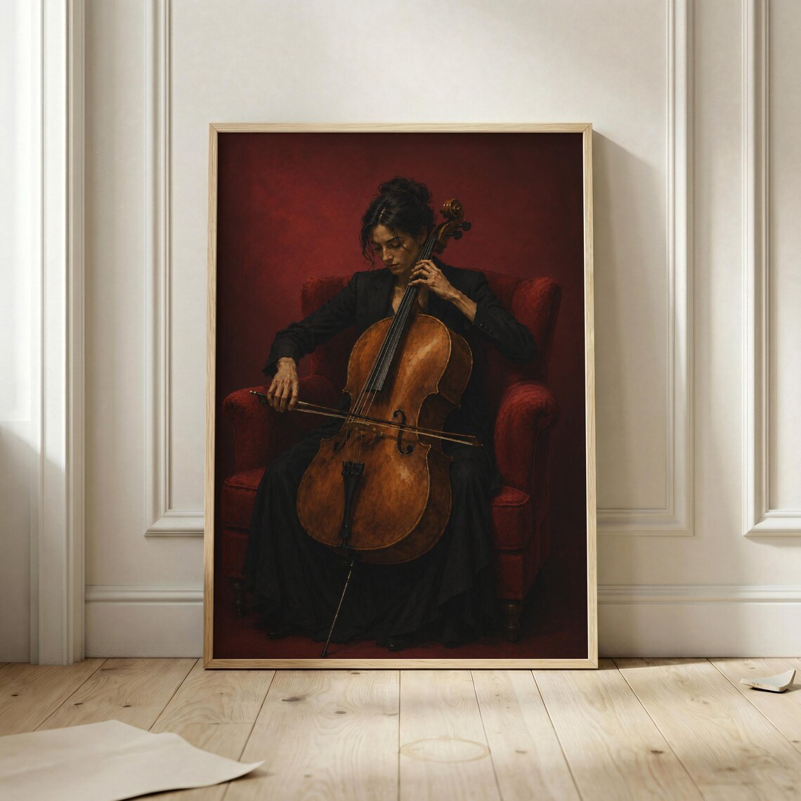 Female Cellist Classical Musician Moody Oil Painting Dark Red Art Poster