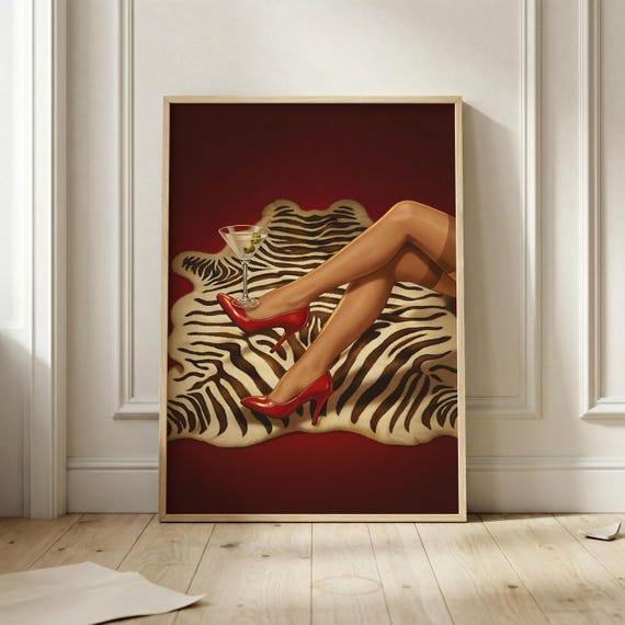 Red Heels Wall Art Print Martini Cocktail Poster Zebra Rug Fashion Glamorous Maximalist Decor Chic Feminine