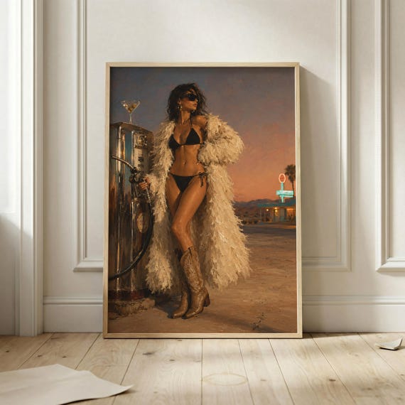 Desert Cowgirl Bikini Wall Art Fashion Print Western Glam Poster Retro Gas Station Artwork Boho Chic Decor Modern Feminine