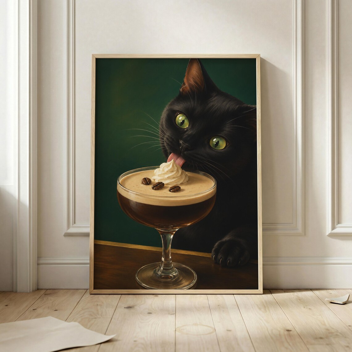 Black Cat Espresso Martini Poster Funny Cocktail Feline Green Wall Decor