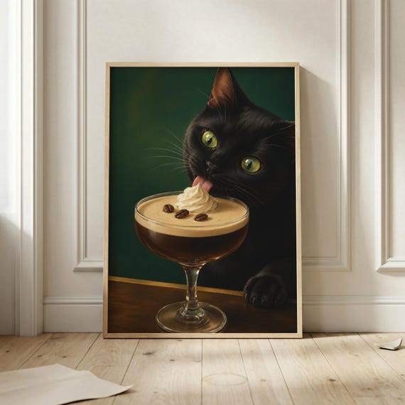 Black Cat Espresso Martini Poster Funny Cocktail Wall Art Vintage Bar Print Dark Green Kitchen And Lounge Decor Lover Gift