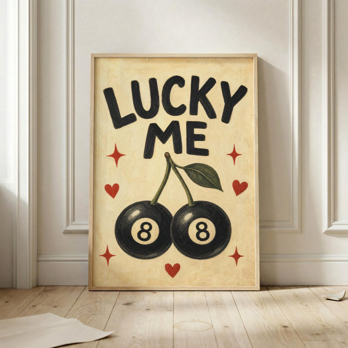 Lucky Me 8 Ball Cherries Retro Casino Typography Charm Poster