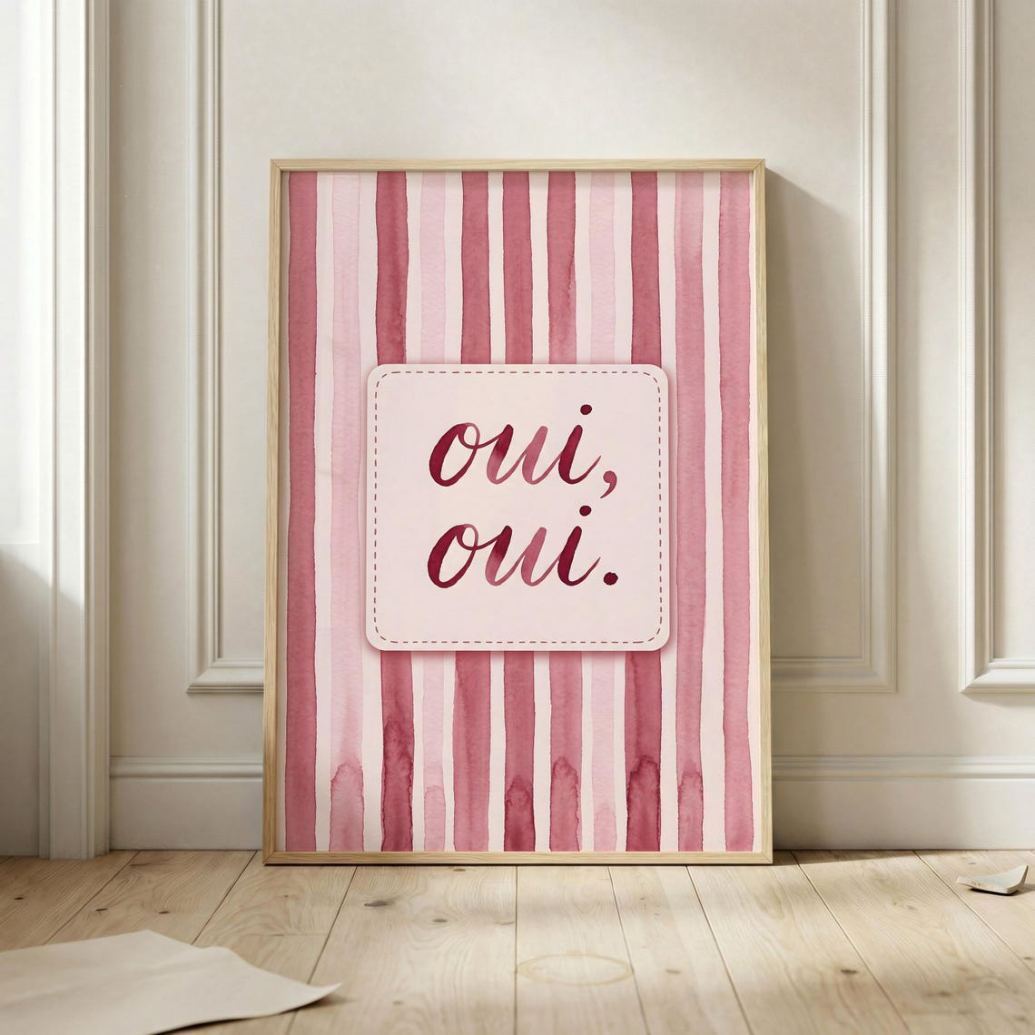 Oui Oui French Quote Pink Striped Watercolor Script Art Poster