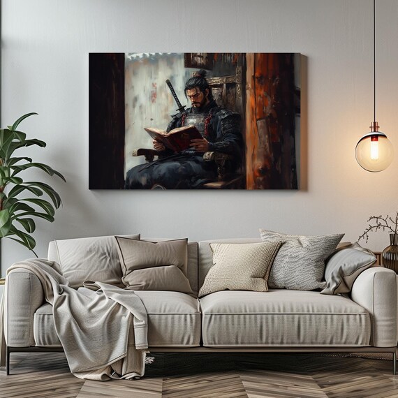 Quiet Samurai Reading Book In Dark Armor Japanese Style Wall Art