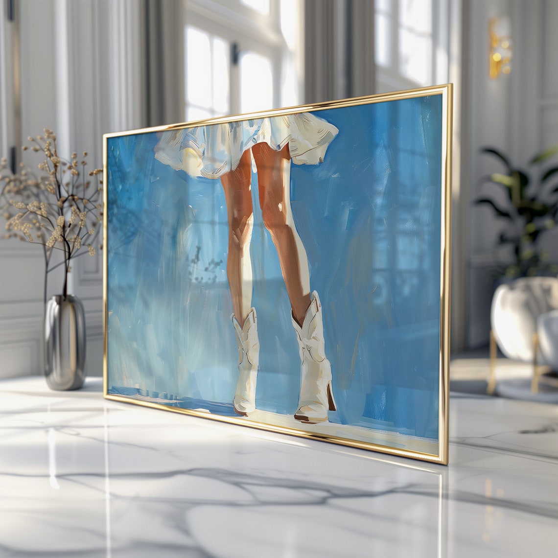 White Cowboy Boots In Blue Impressionist Painterly Art Poster - Image 3