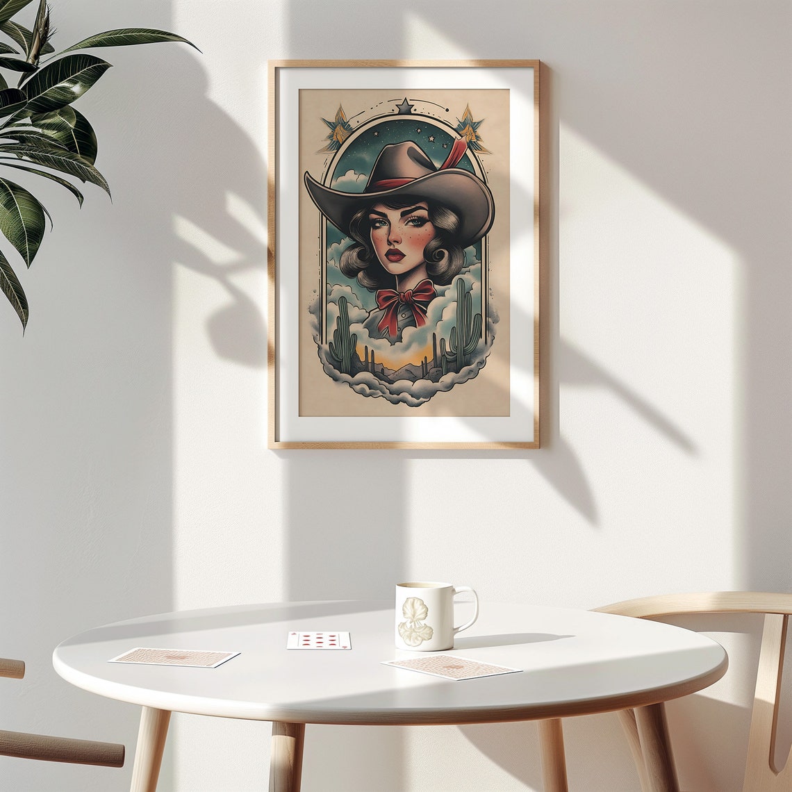 Vintage Tattoo Style Cowgirl Portrait Among Desert Cacti Poster - Image 2