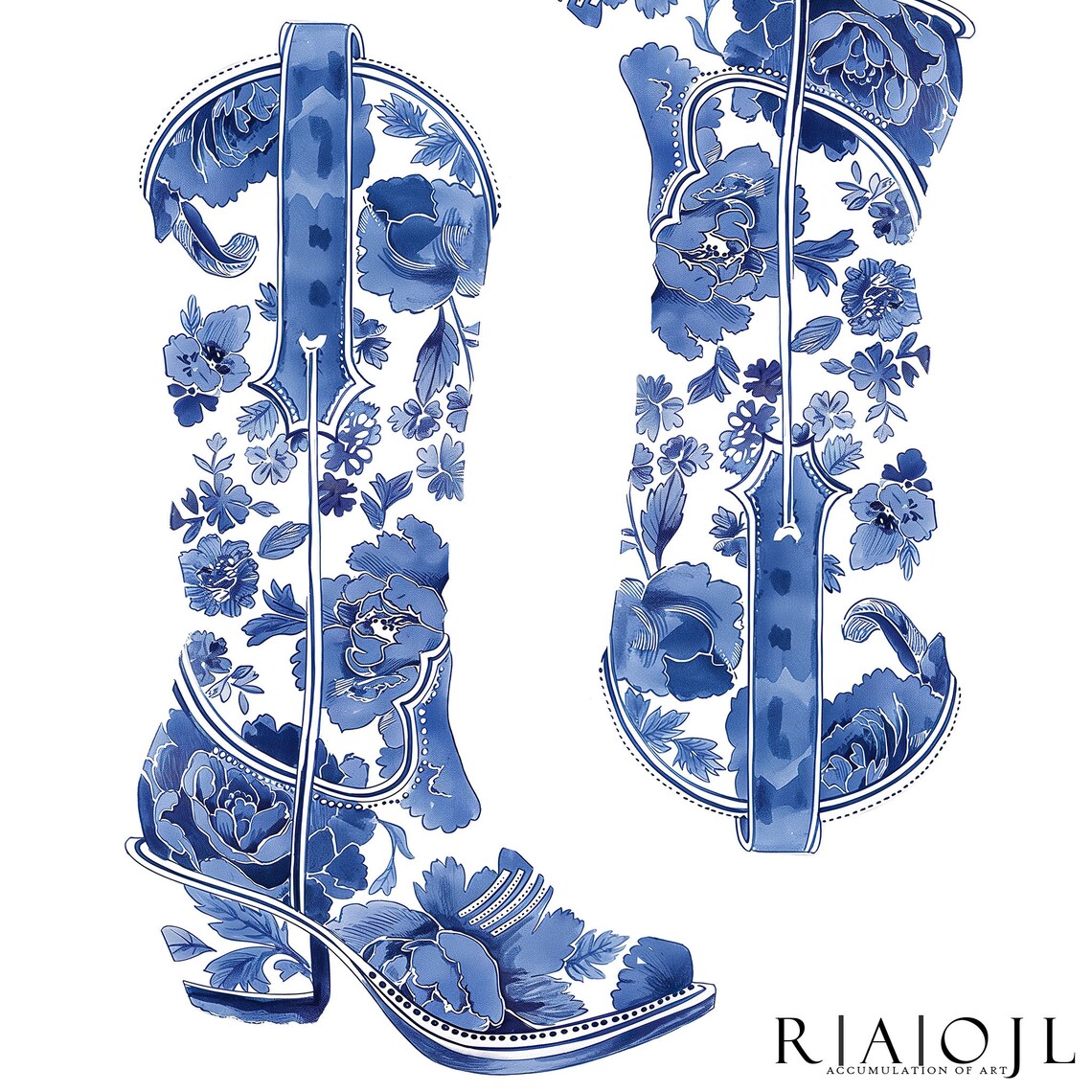 Blue Floral Chinoiserie Porcelain Cowboy Boots Western Poster - Image 4