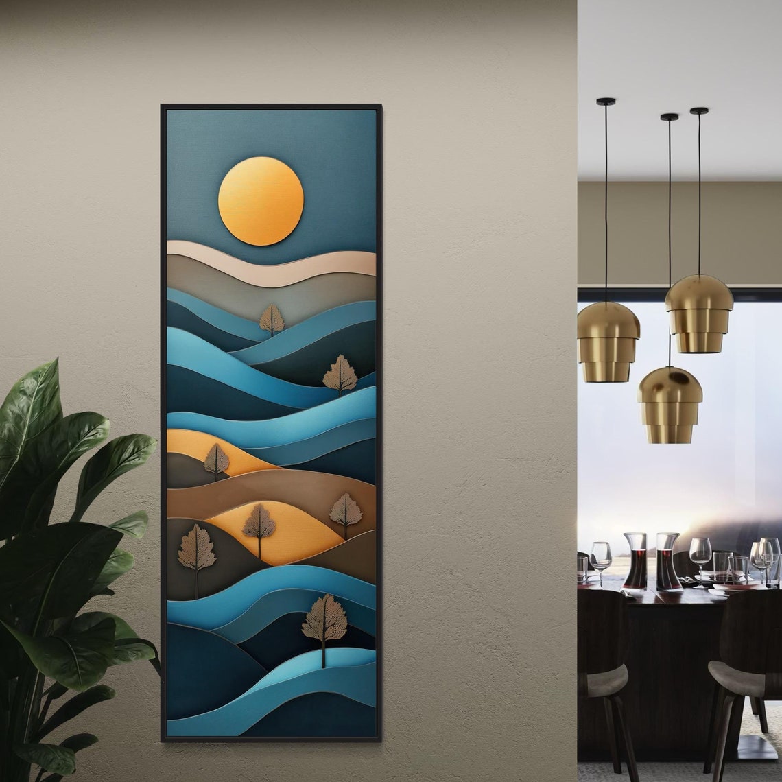 Layered Style Landscape Art Moody Tall Vertical Print With Golden Sun And Blue Tones Perfect For Rustic House Decor