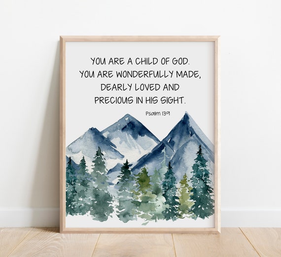 Christian Nursery Decor Psalm 139 Bible Verse Wall Art Scripture Print You Are A Child Of God Wonderfully Made Dearly Loved Watercolor