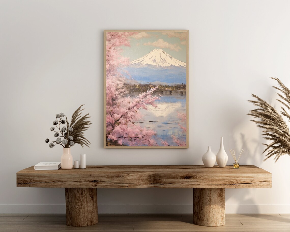 Mount Fuji Sakura Lake Oil Painting Cherry Blossom Reflection Poster - Image 3