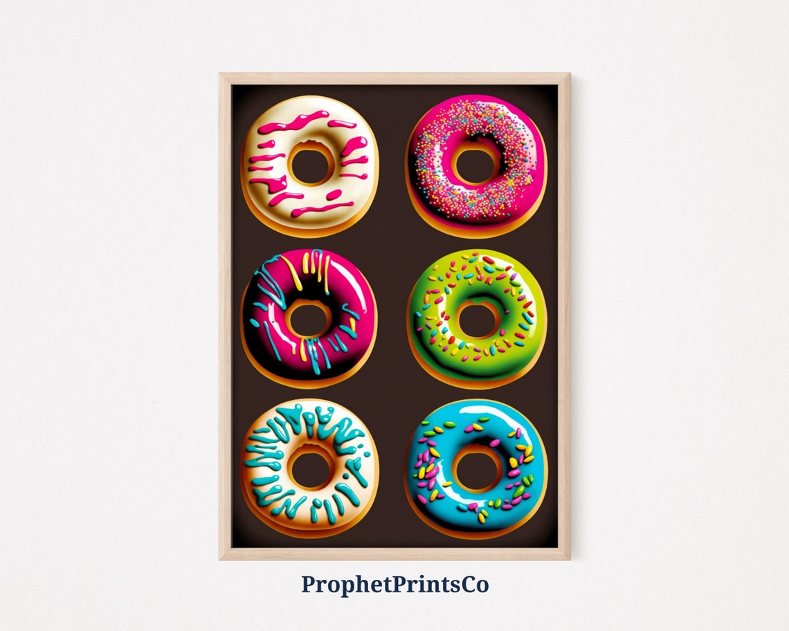Six Glazed Donuts With Dripping Icing Pop Art Neon Dessert Poster