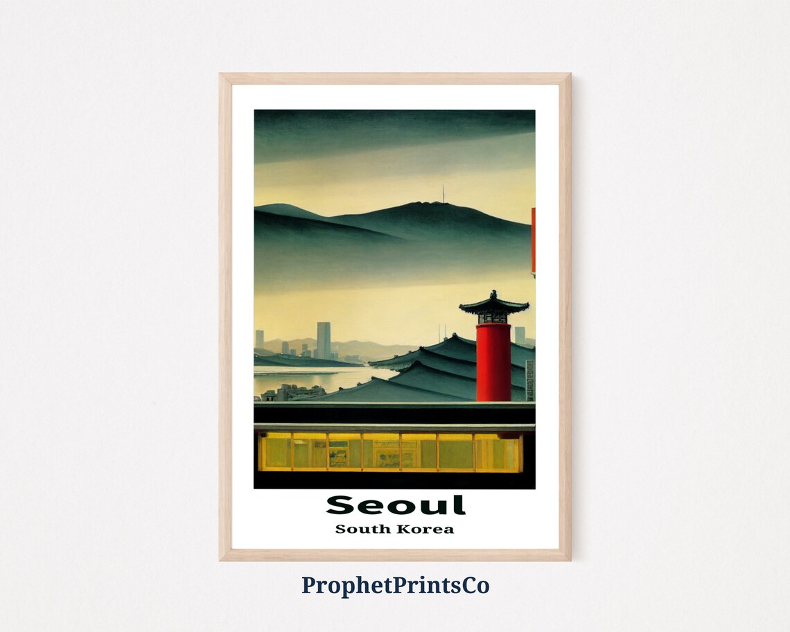 Seoul South Korea Temple Rooftop Mountain View Travel Poster