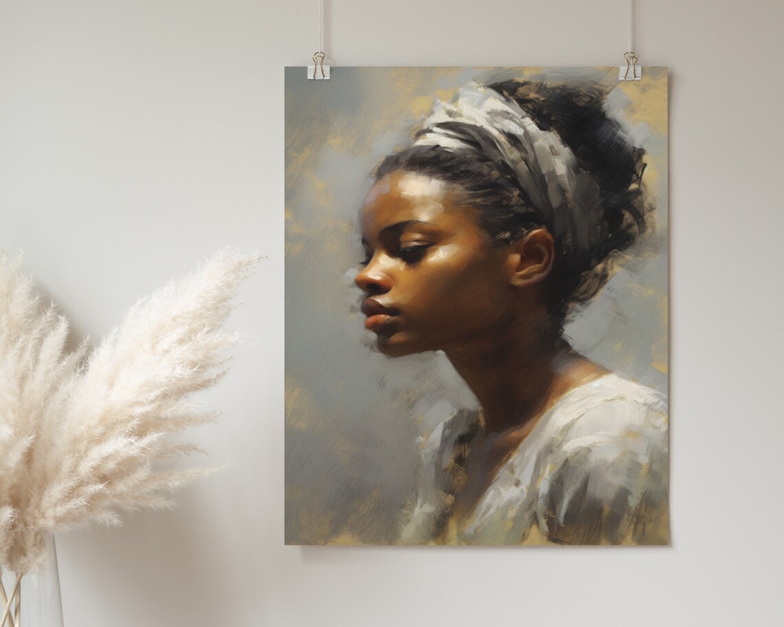 Black Woman Profile Silver Headband Soft Glow Oil Painting Poster - Image 2