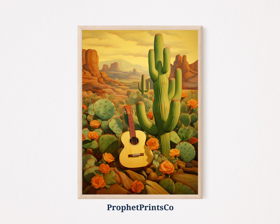 Guitar by Giant Saguaro at Desert Sunset Mexican Cactus Landscape Painting Poster
