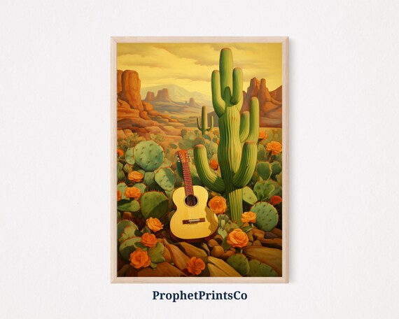 Guitar by Giant Saguaro at Desert Sunset Mexican Cactus Landscape Painting Poster