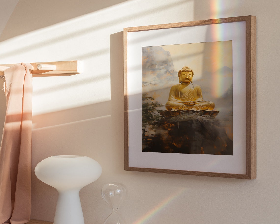Golden Buddha Meditating Rock Misty Mountains Painting Poster - Image 3