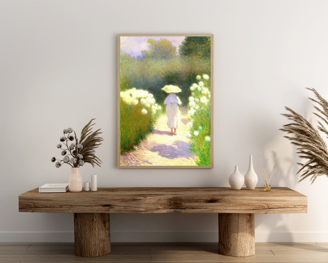 Woman With Parasol on a Sunny Flower Lined Path Painting Poster - Image 3