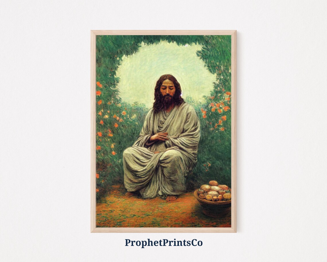 Jesus Christ Garden Flowers Peaceful Religious Oil Painting Poster