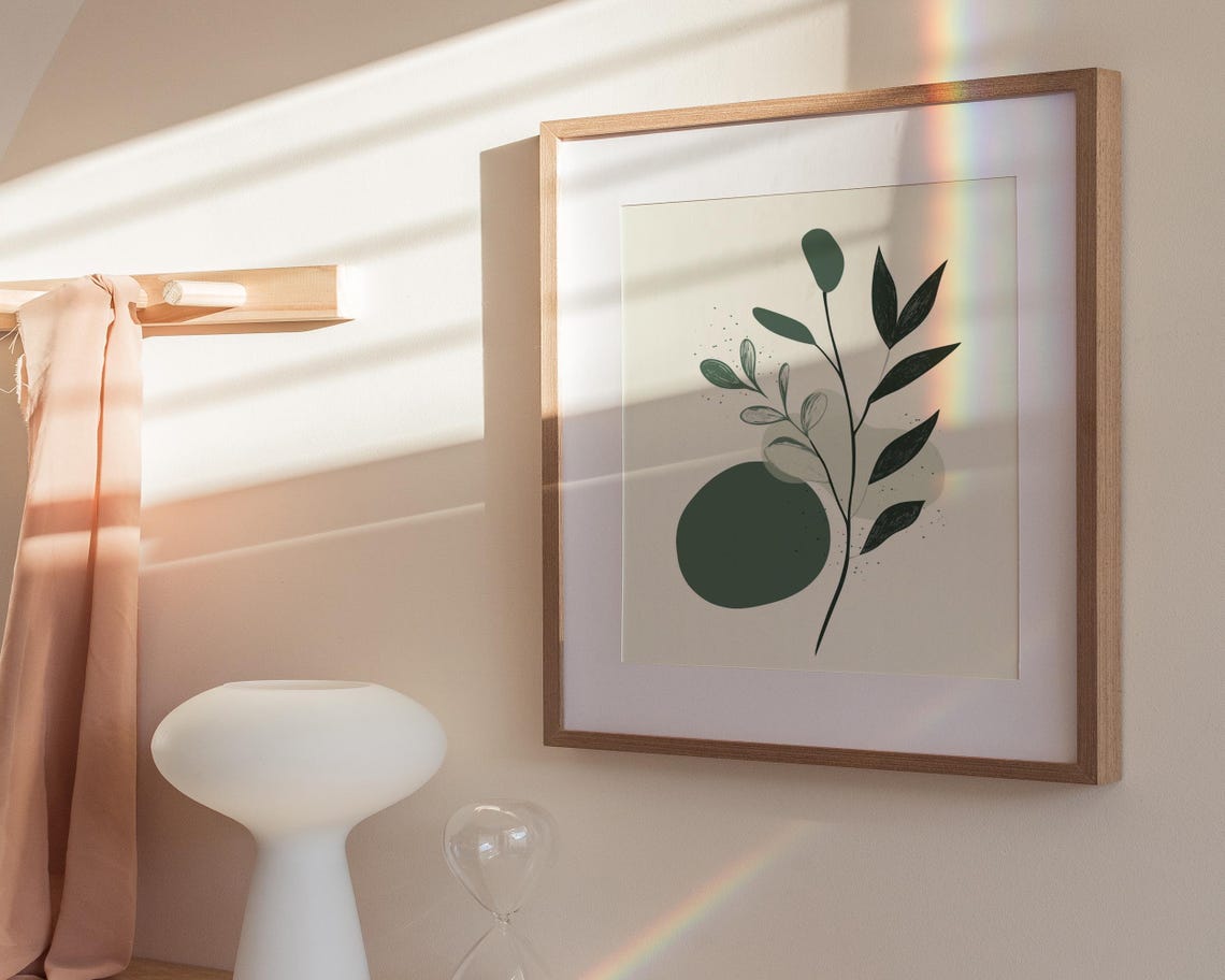 Minimal Sage Sprig Line Drawing Green Circle Cream Decor Poster - Image 3